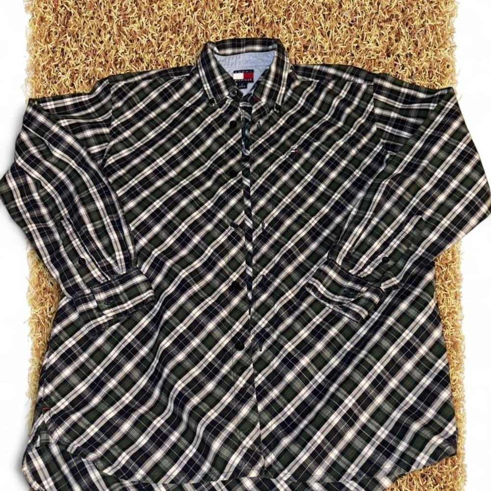 Tommy Hilfiger Black and Green Plaid Shirt
